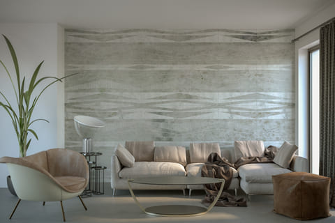 Render of a living room with laser-engraved marble walls