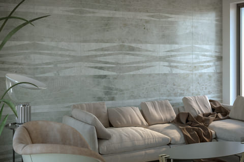 Render of a living room with an engraved marble feature wall