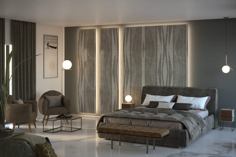 Render of a bedroom with an engraved marble headboard wall