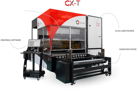 The Ot-Las CX-T laser machine: galvanometric head, graphical software, fibre laser source and conveyor system