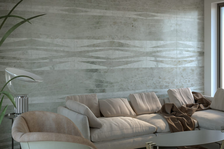 Render of a living room with an engraved marble feature wall