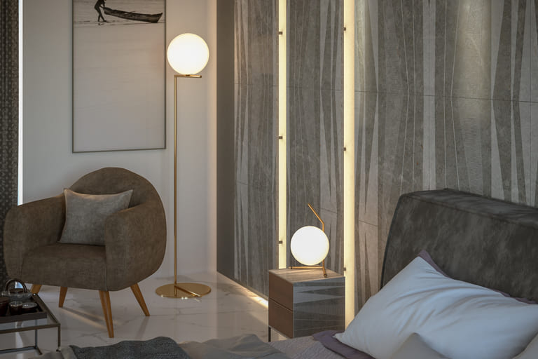 Render of a bedroom with engraved marble panelling