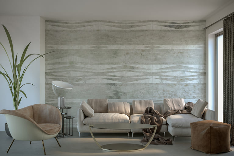 Living room furnished with laser-engraved Carrara marble panels